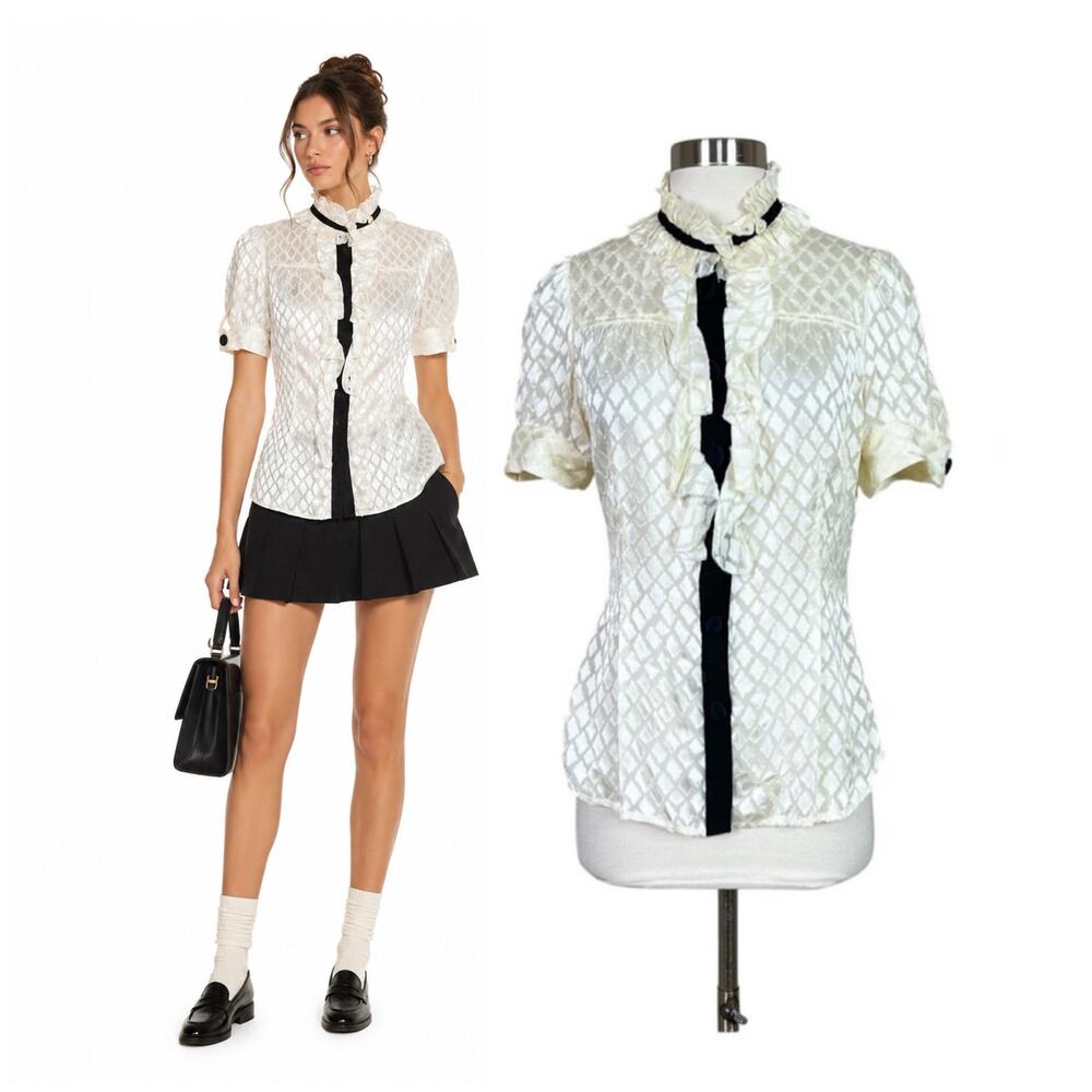 DVF | Kailey Ivory White Silk Ruffle Short Puff Sleeve Black Contrast Button Top